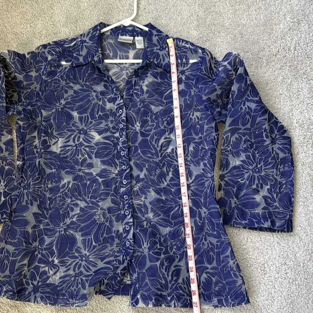 Chico's Blue Rayon Linen Blend Floral Sheer Blouse size 2(L/XL)